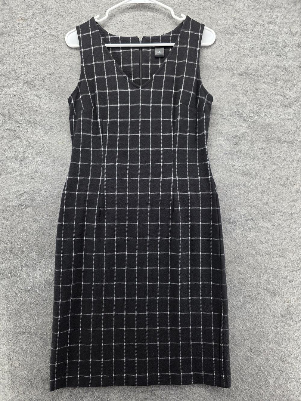Ann Taylor Factory Dress Womens 4 Black Sheath Midi V-Neck Check Workwear